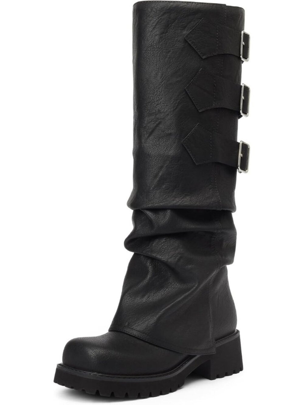Women's Black Adjustable Buckle 2 inch Low Chunky Heel Square Toe Knee High Boot
